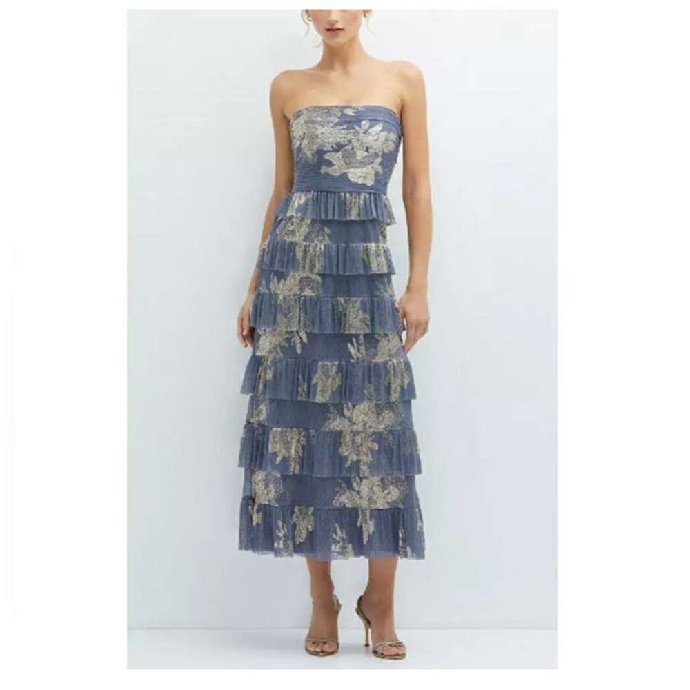 After Six Blue and Gold Strapless Midi Dress